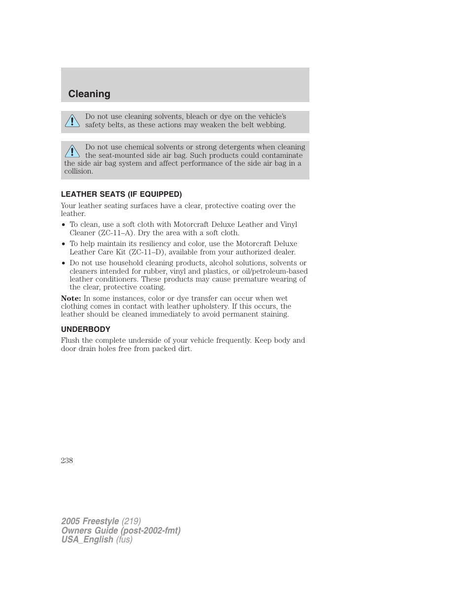 Leather seats (if equipped), Underbody, Cleaning | FORD 2005 Freestyle v.2 User Manual | Page 238 / 288