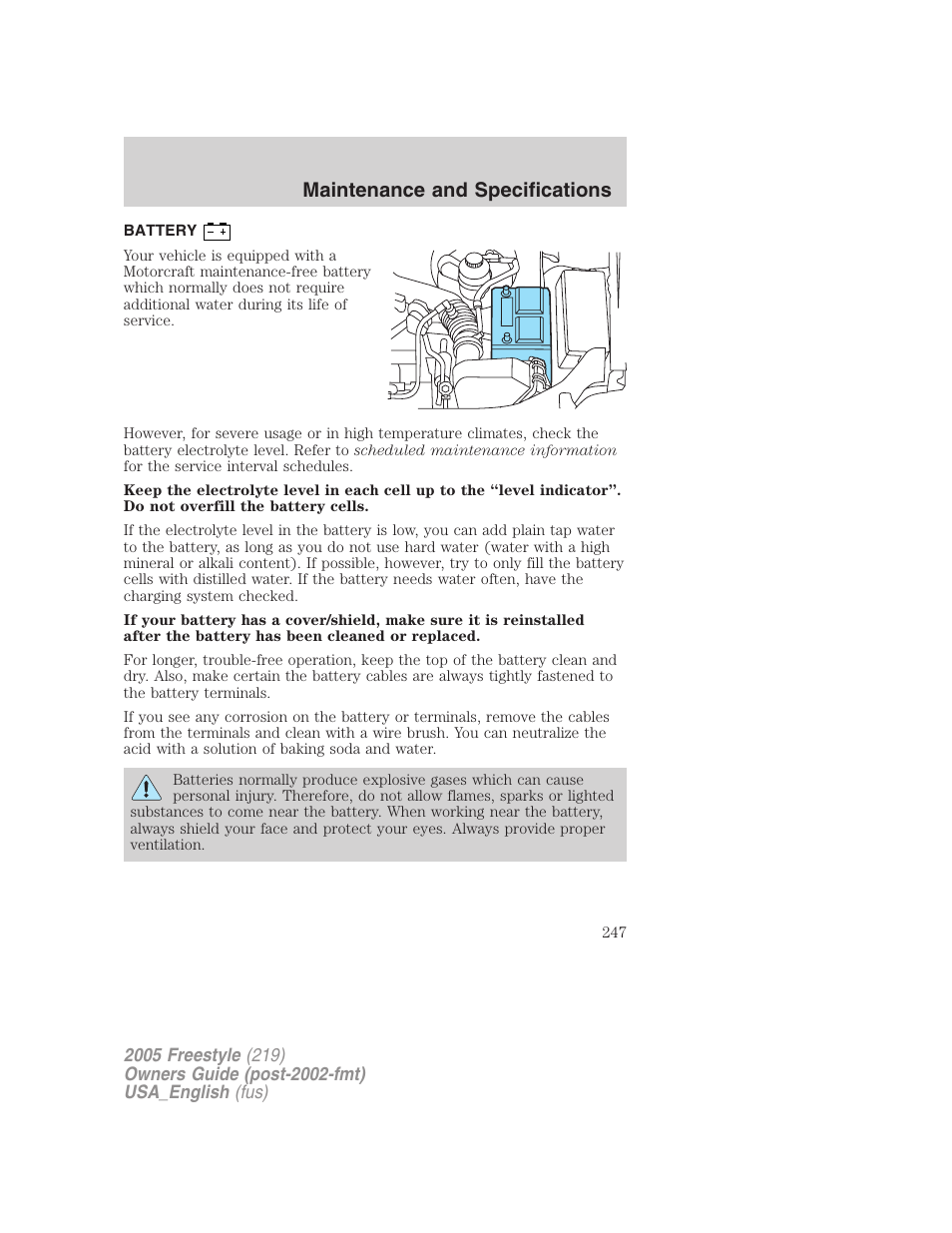 Battery, Maintenance and specifications | FORD 2005 Freestyle v.2 User Manual | Page 247 / 288