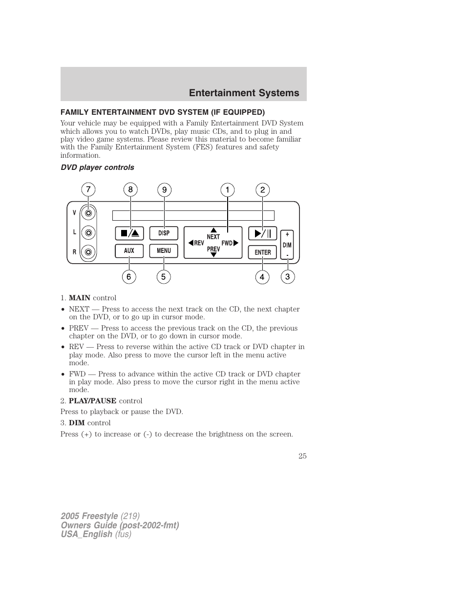 Family entertainment dvd system (if equipped), Dvd player controls, Family entertainment system | Entertainment systems | FORD 2005 Freestyle v.2 User Manual | Page 25 / 288