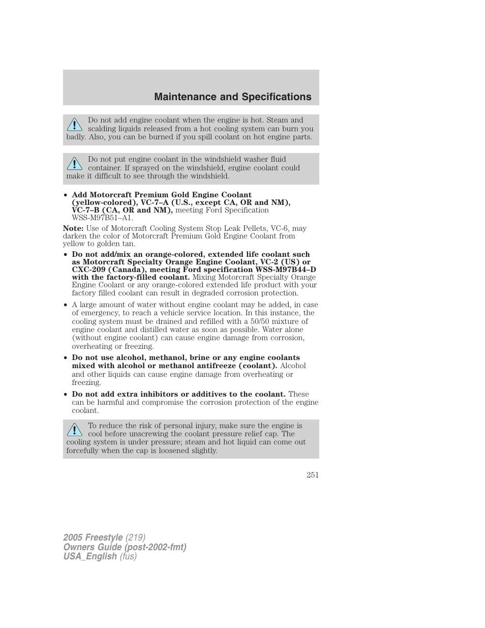 Maintenance and specifications | FORD 2005 Freestyle v.2 User Manual | Page 251 / 288