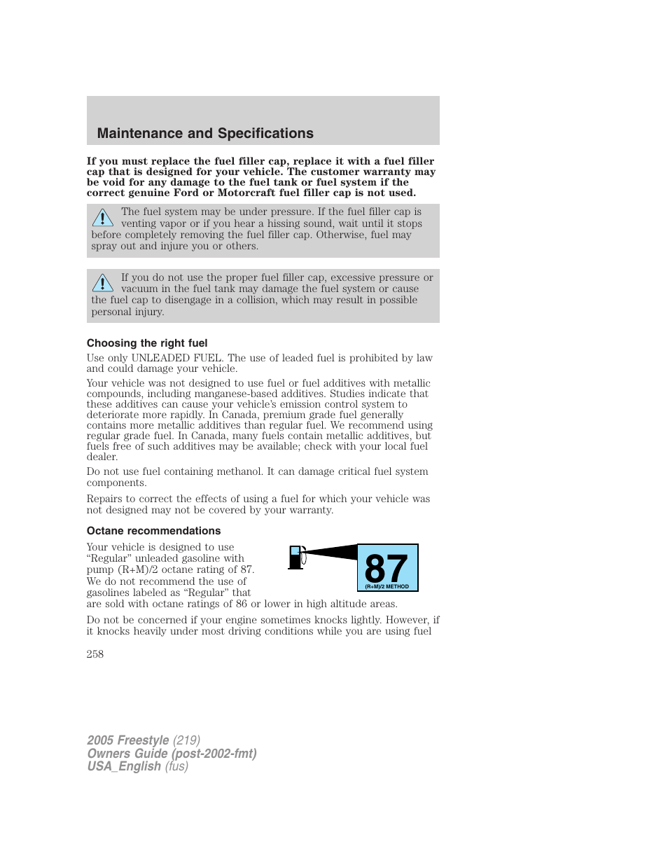 Choosing the right fuel, Octane recommendations | FORD 2005 Freestyle v.2 User Manual | Page 258 / 288