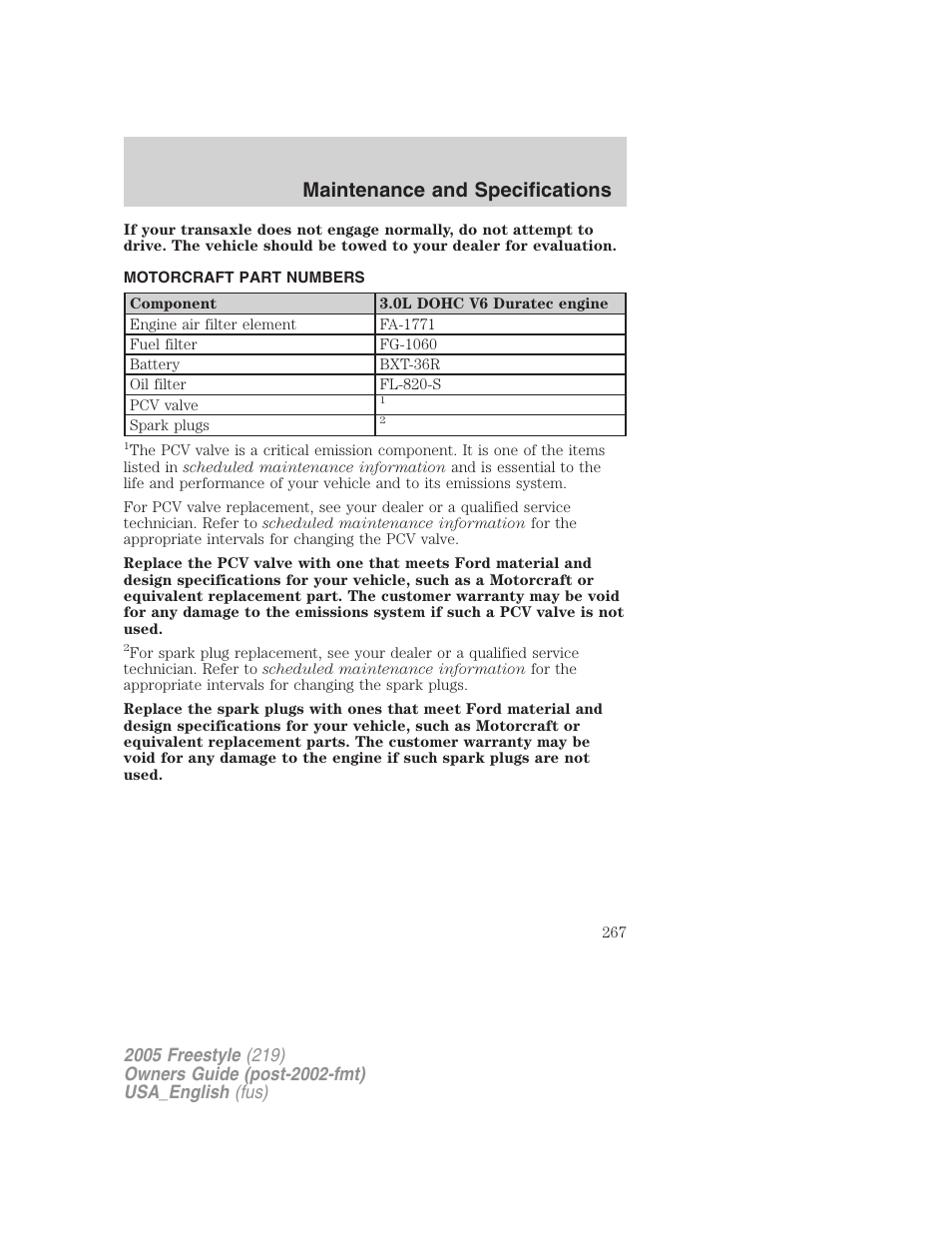 Motorcraft part numbers, Part numbers, Maintenance and specifications | FORD 2005 Freestyle v.2 User Manual | Page 267 / 288