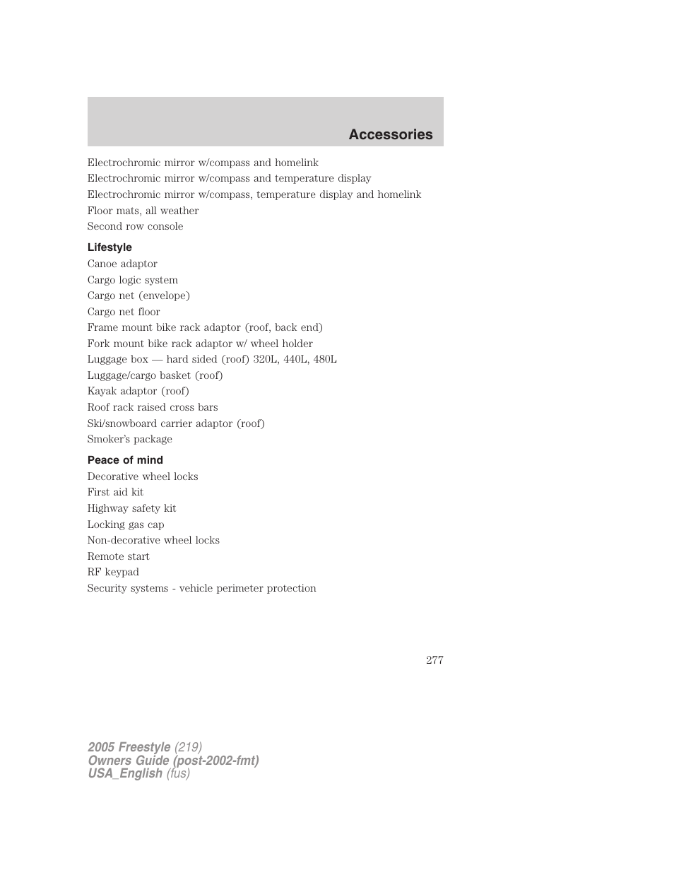 Lifestyle, Peace of mind, Accessories | FORD 2005 Freestyle v.2 User Manual | Page 277 / 288