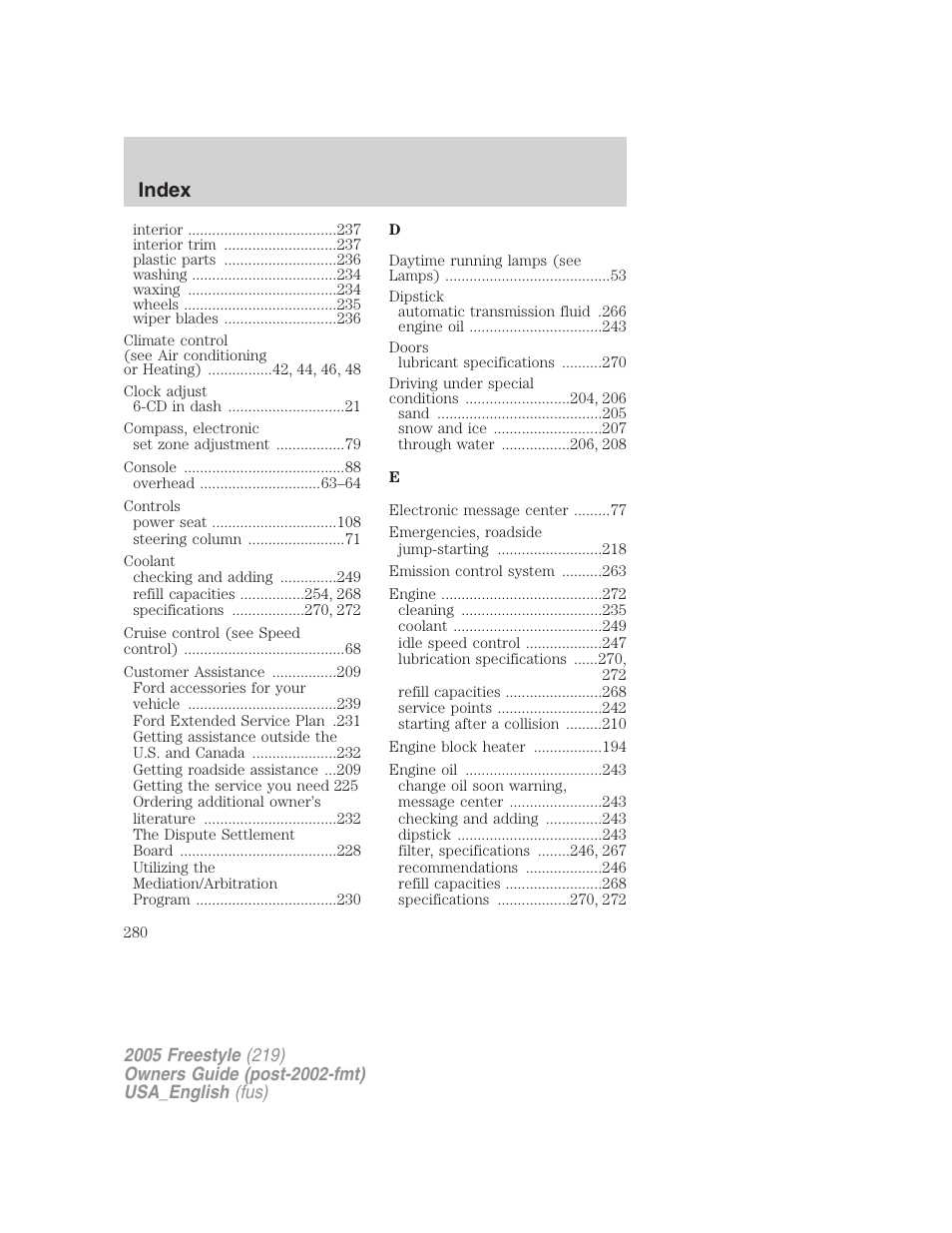 Index | FORD 2005 Freestyle v.2 User Manual | Page 280 / 288