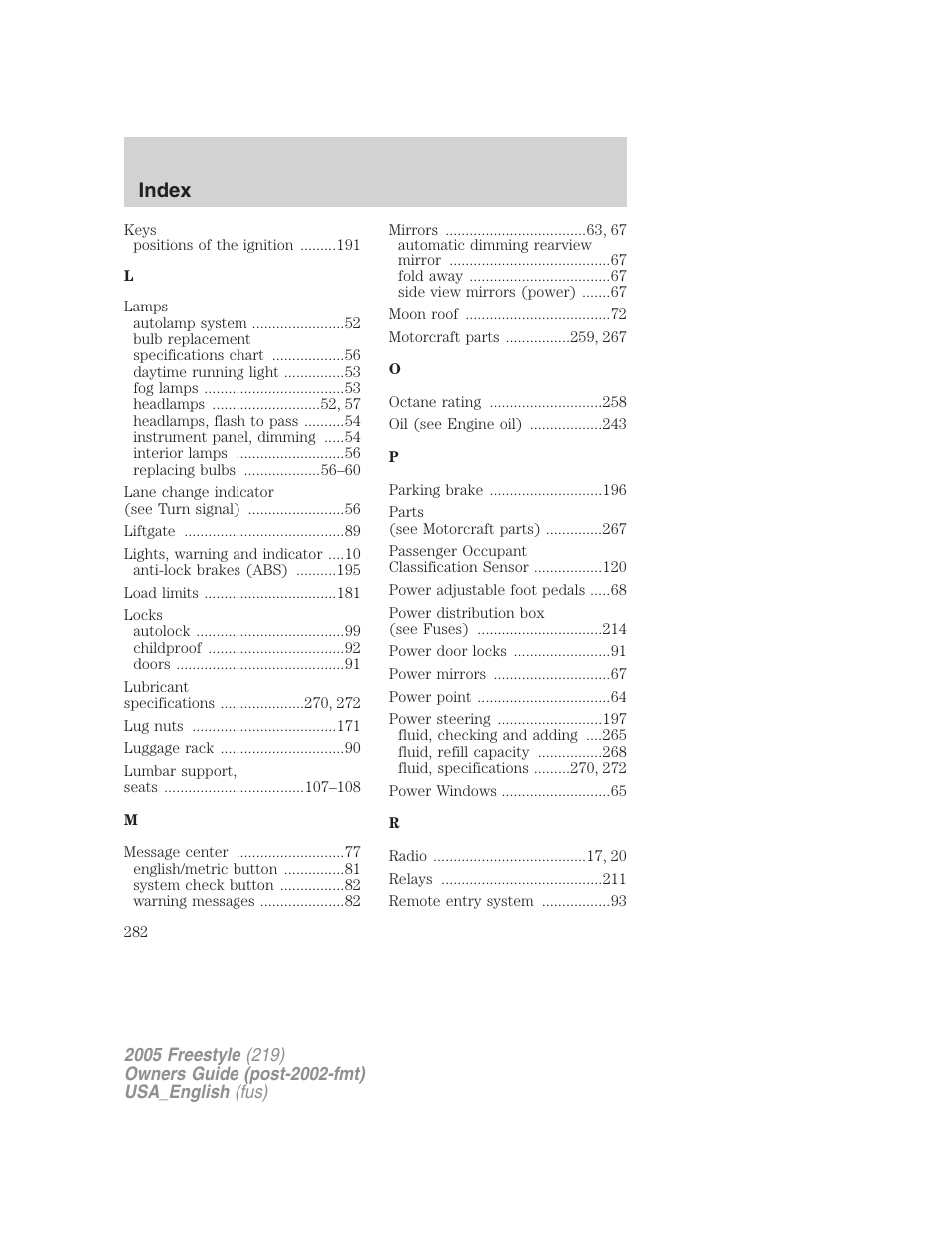 Index | FORD 2005 Freestyle v.2 User Manual | Page 282 / 288