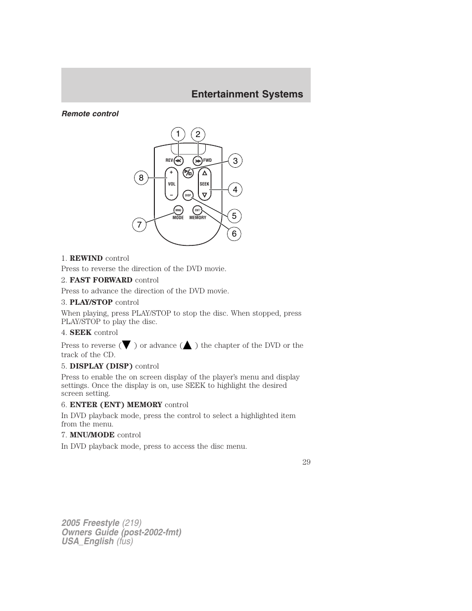 Remote control, Entertainment systems | FORD 2005 Freestyle v.2 User Manual | Page 29 / 288