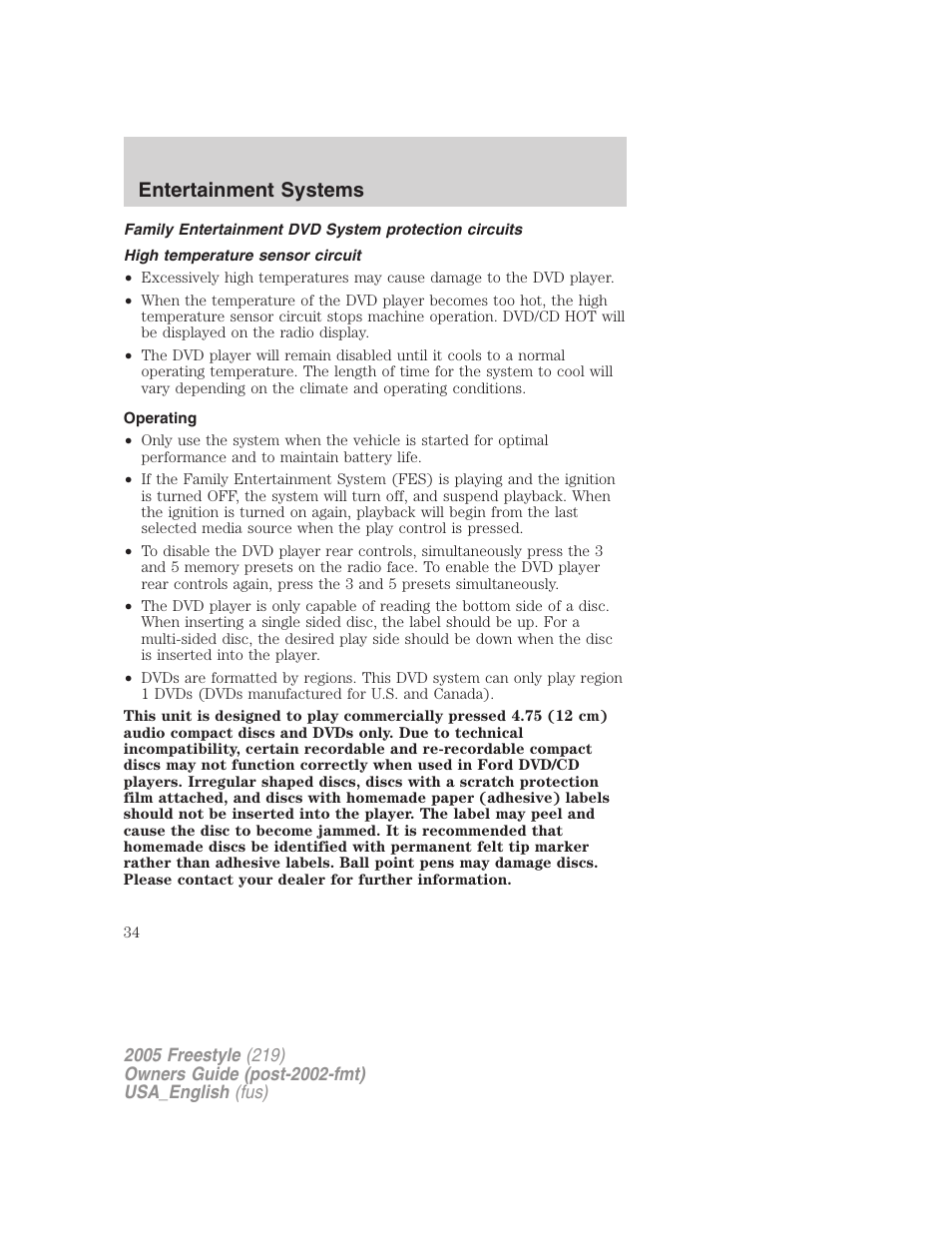 High temperature sensor circuit, Operating, Entertainment systems | FORD 2005 Freestyle v.2 User Manual | Page 34 / 288