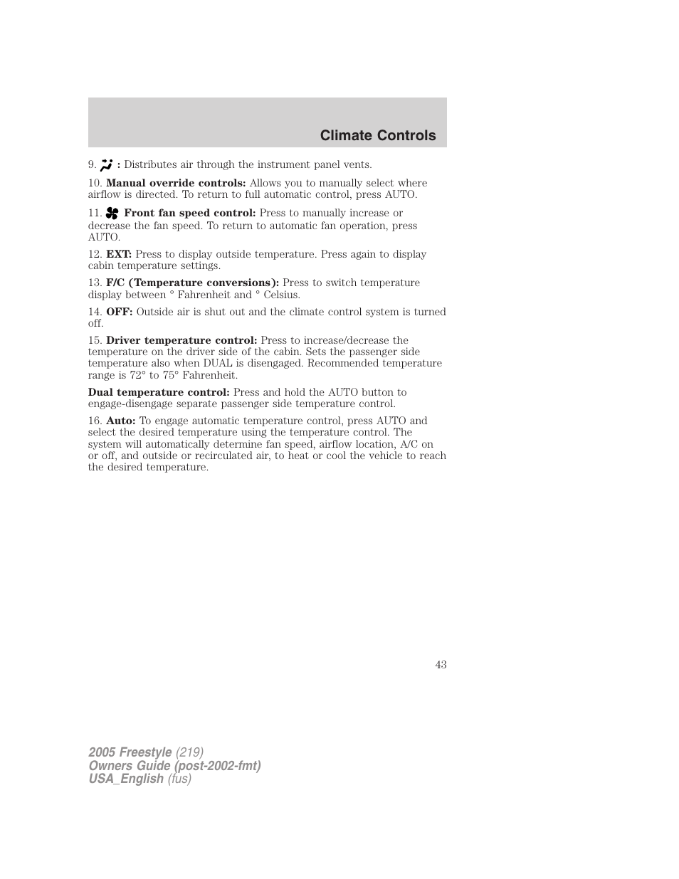 Climate controls | FORD 2005 Freestyle v.2 User Manual | Page 43 / 288