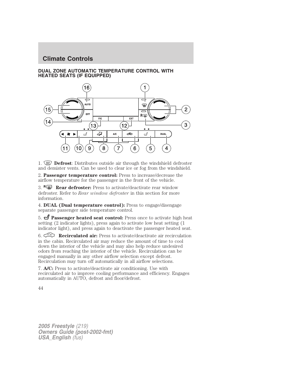 Climate controls | FORD 2005 Freestyle v.2 User Manual | Page 44 / 288