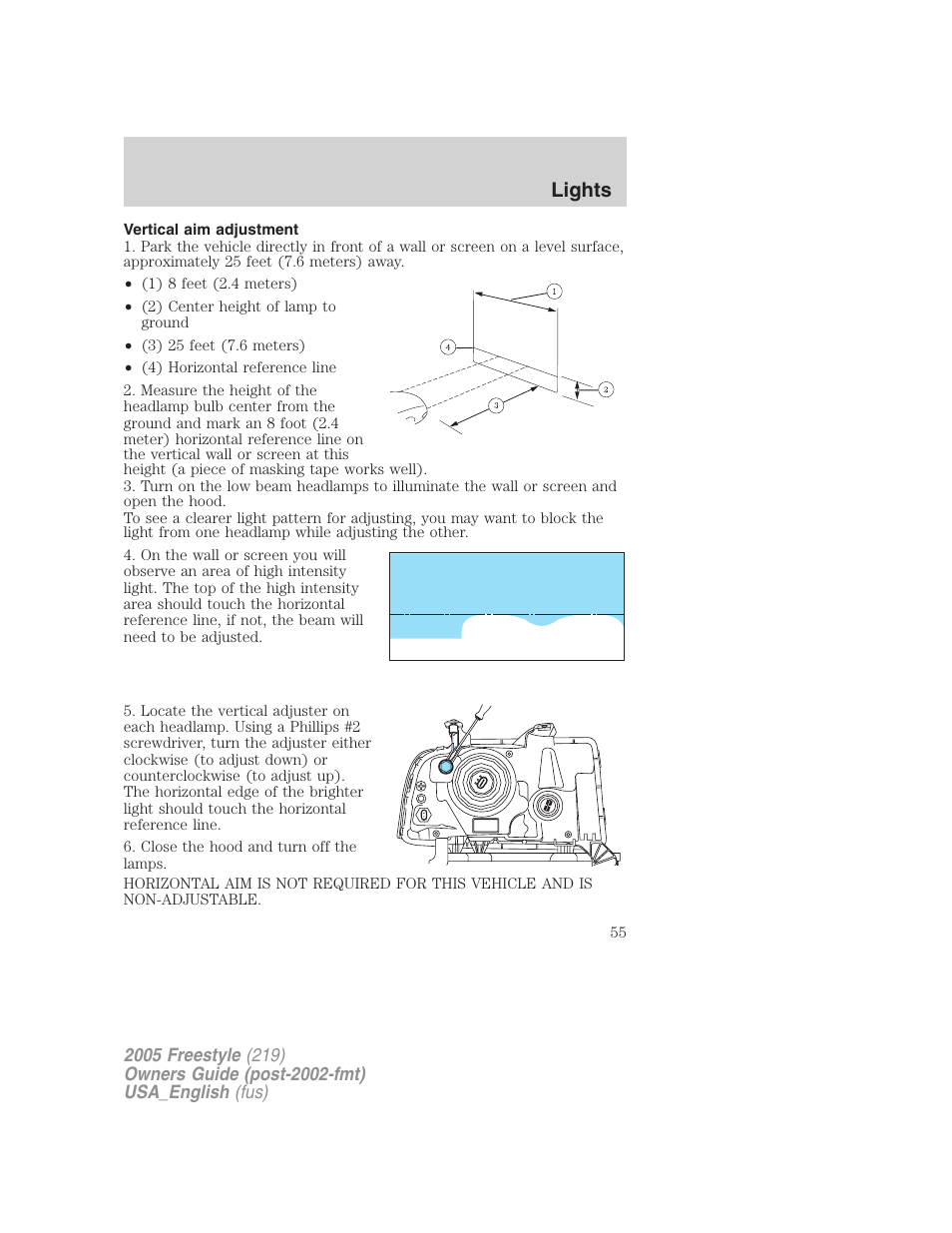 Vertical aim adjustment, Lights | FORD 2005 Freestyle v.2 User Manual | Page 55 / 288