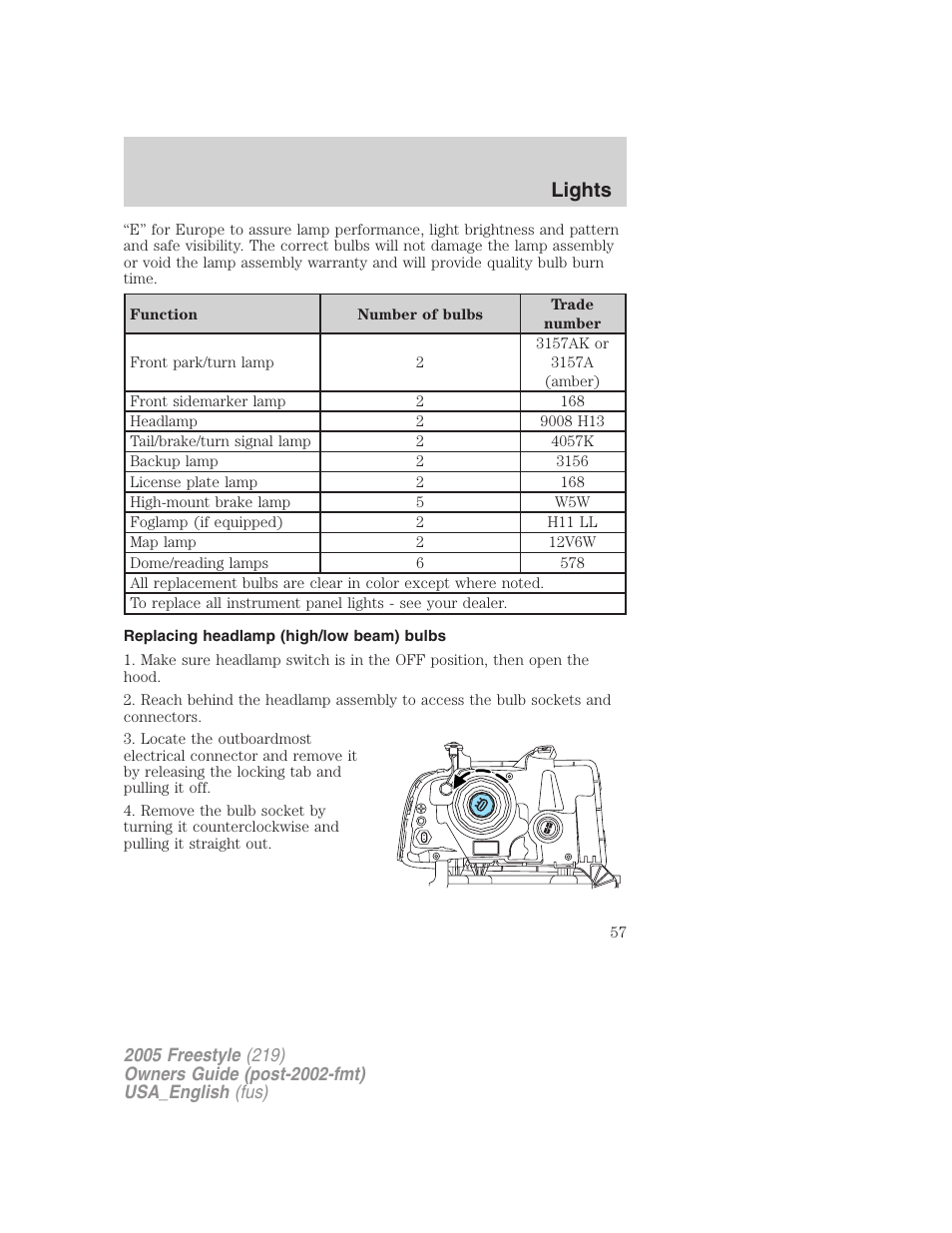 Replacing headlamp (high/low beam) bulbs, Lights | FORD 2005 Freestyle v.2 User Manual | Page 57 / 288