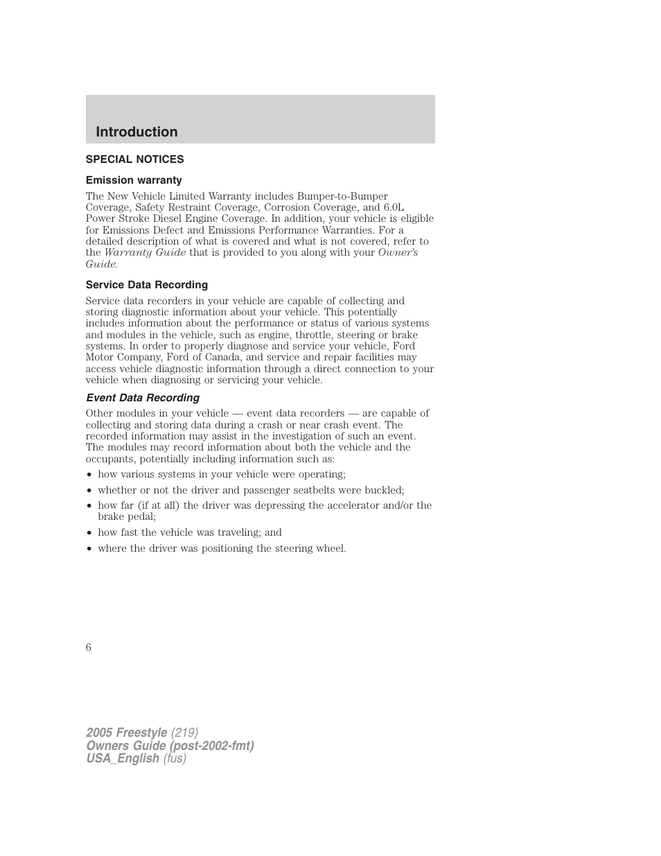 Special notices, Emission warranty, Service data recording | Event data recording, Introduction | FORD 2005 Freestyle v.2 User Manual | Page 6 / 288