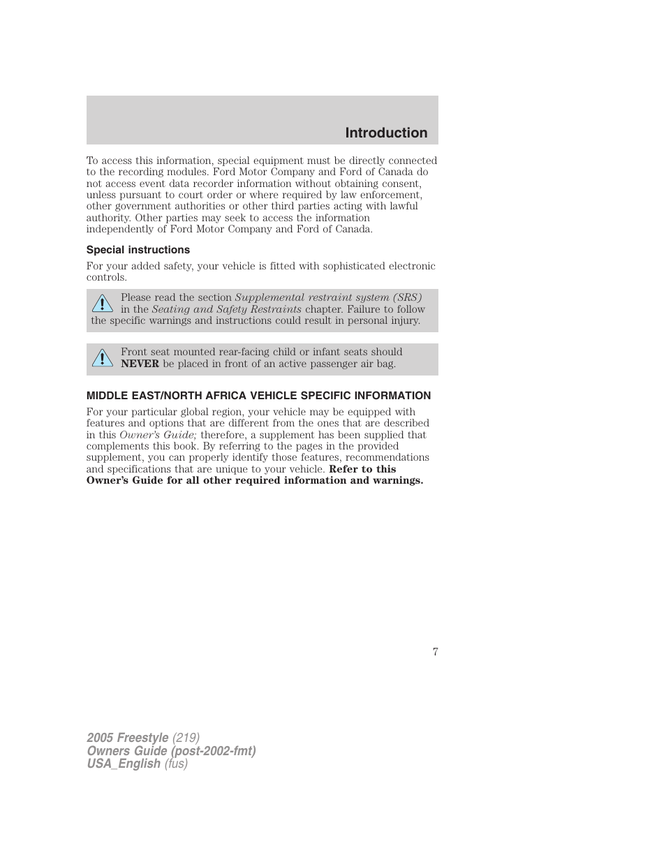 Special instructions, Introduction | FORD 2005 Freestyle v.2 User Manual | Page 7 / 288