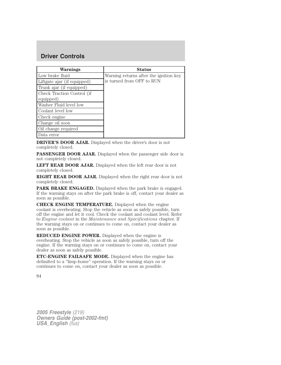 Driver controls | FORD 2005 Freestyle v.2 User Manual | Page 84 / 288
