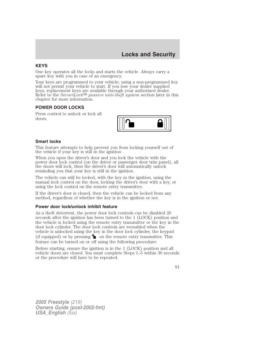 Locks and security, Keys, Power door locks | Smart locks, Power door lock/unlock inhibit feature, Locks | FORD 2005 Freestyle v.2 User Manual | Page 91 / 288