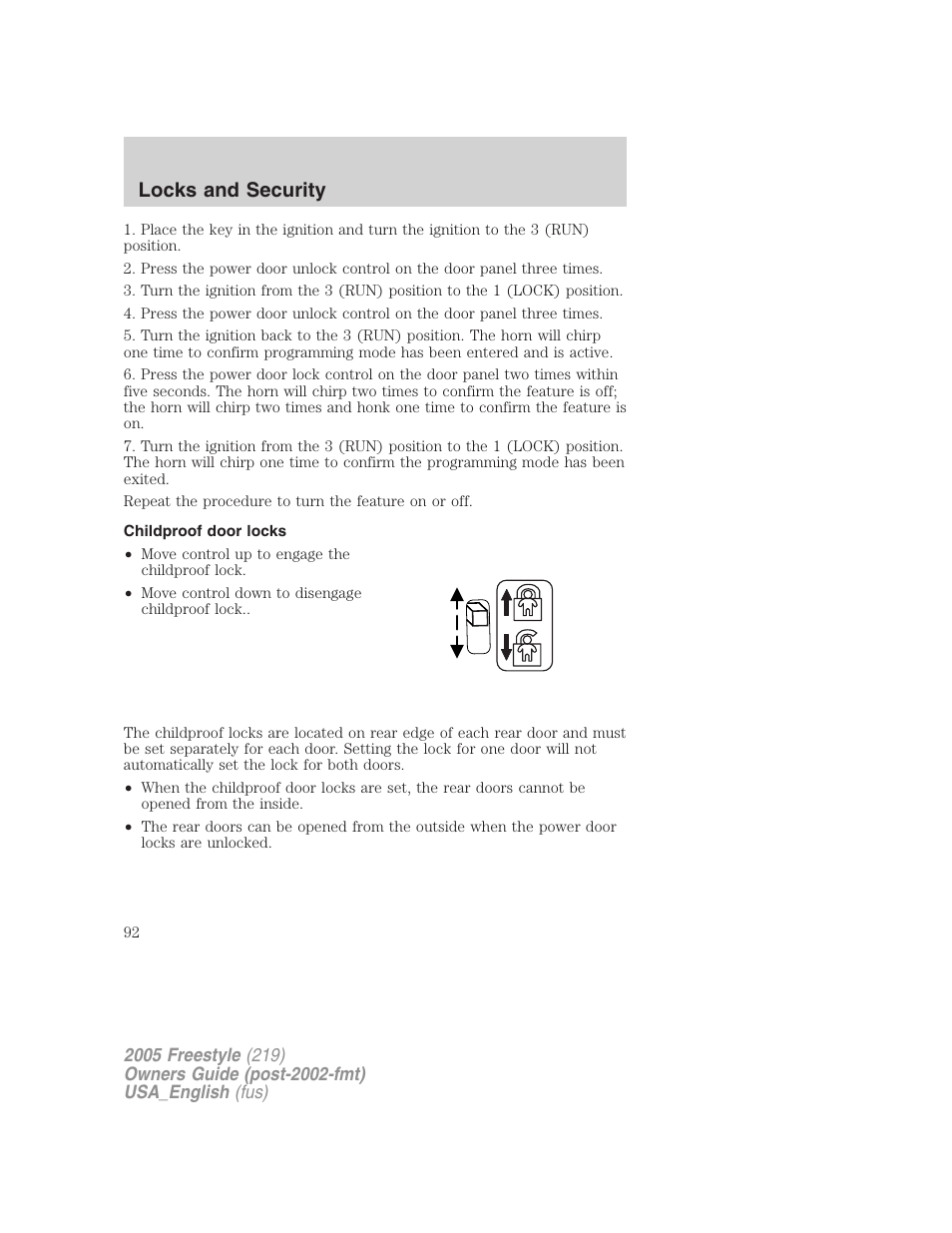 Childproof door locks, Locks and security | FORD 2005 Freestyle v.2 User Manual | Page 92 / 288