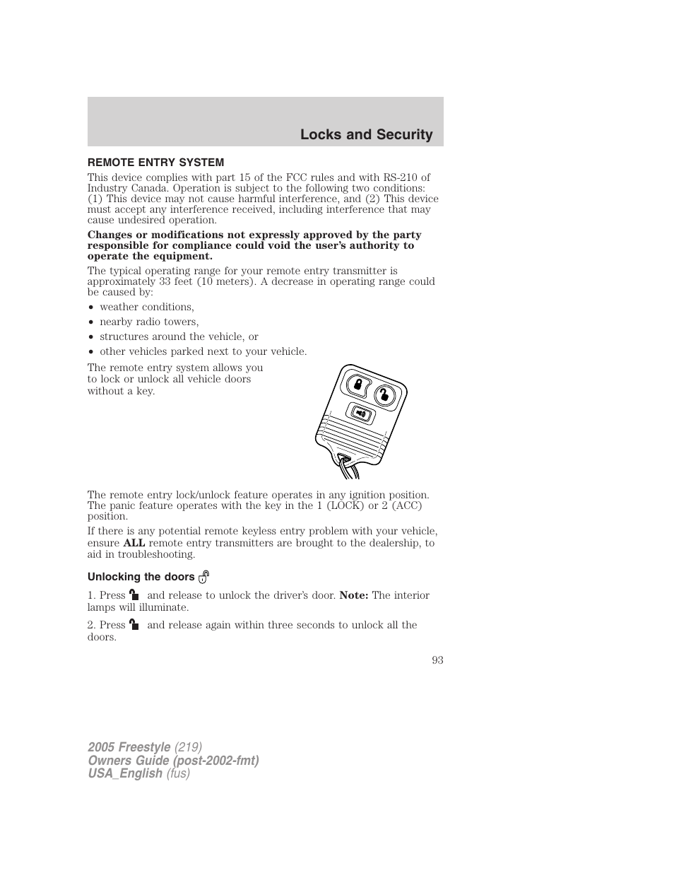 Remote entry system, Unlocking the doors, Locks and security | FORD 2005 Freestyle v.2 User Manual | Page 93 / 288