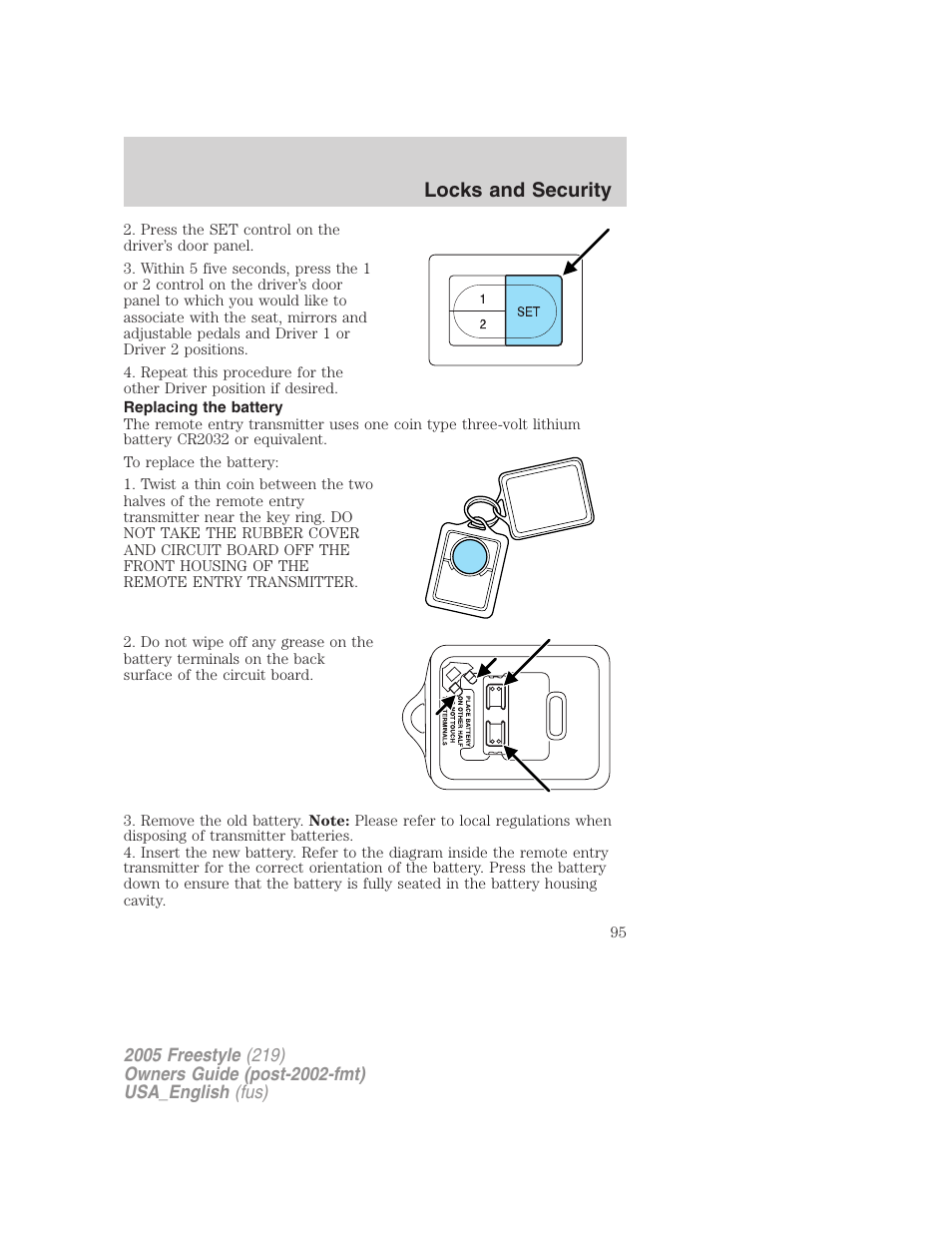 Replacing the battery, Locks and security | FORD 2005 Freestyle v.2 User Manual | Page 95 / 288