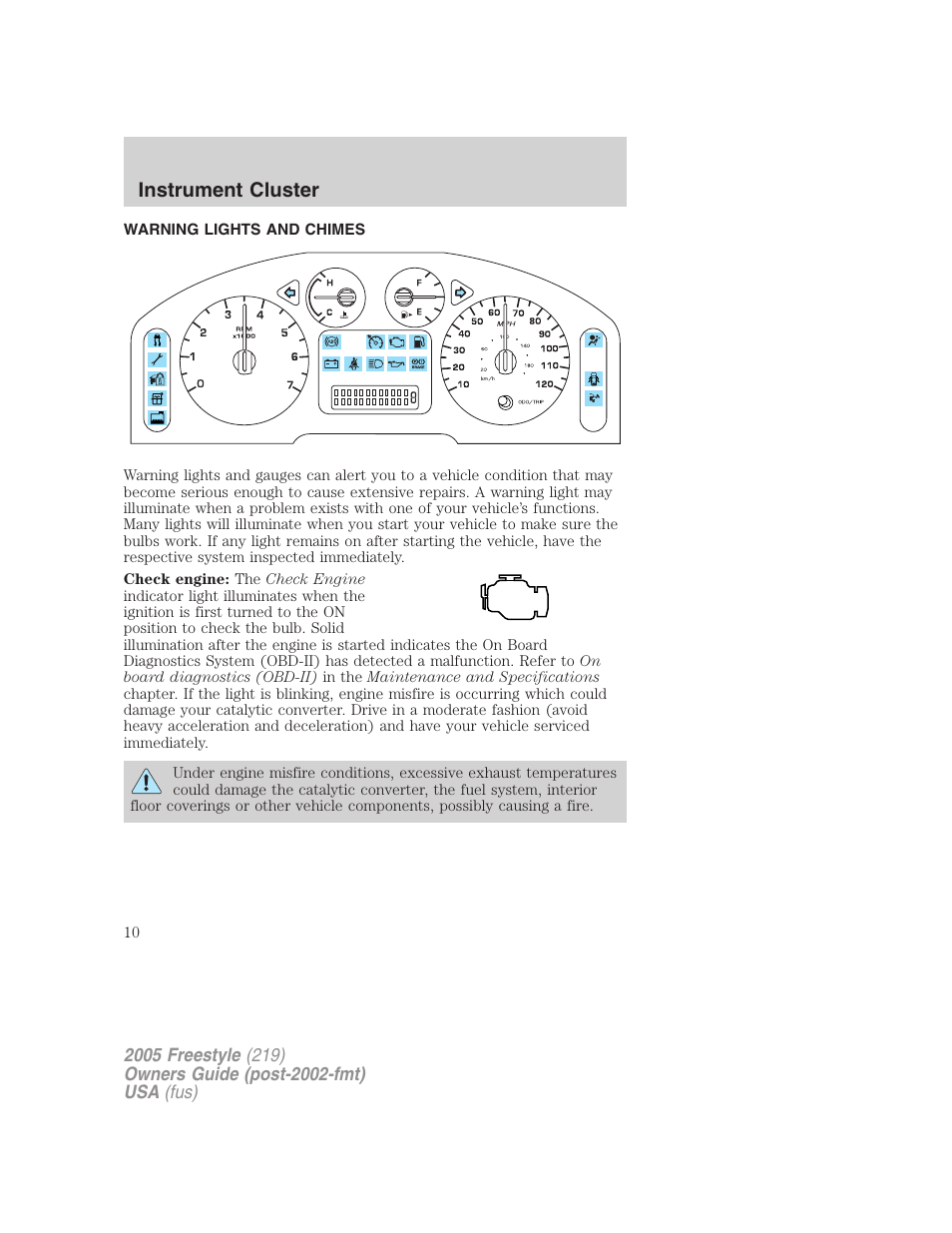 Instrument cluster, Warning lights and chimes, Warning and control lights | FORD 2005 Freestyle v.3 User Manual | Page 10 / 288