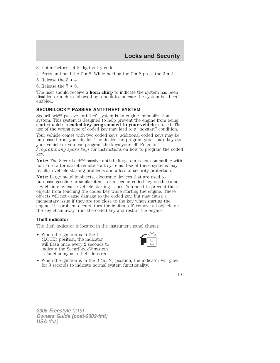 Securilock passive anti-theft system, Theft indicator, Anti-theft system | Locks and security | FORD 2005 Freestyle v.3 User Manual | Page 101 / 288