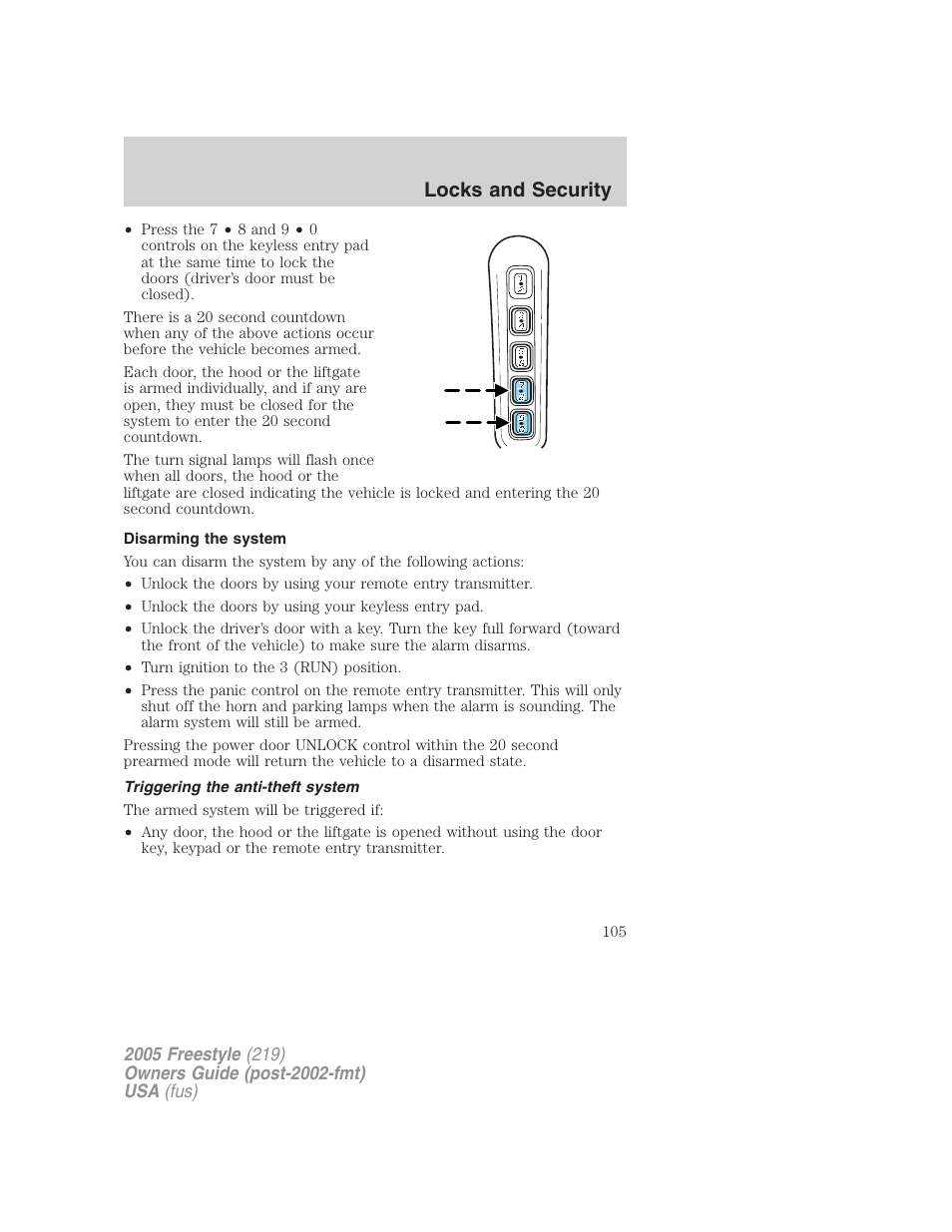 Disarming the system, Triggering the anti-theft system, Locks and security | FORD 2005 Freestyle v.3 User Manual | Page 105 / 288