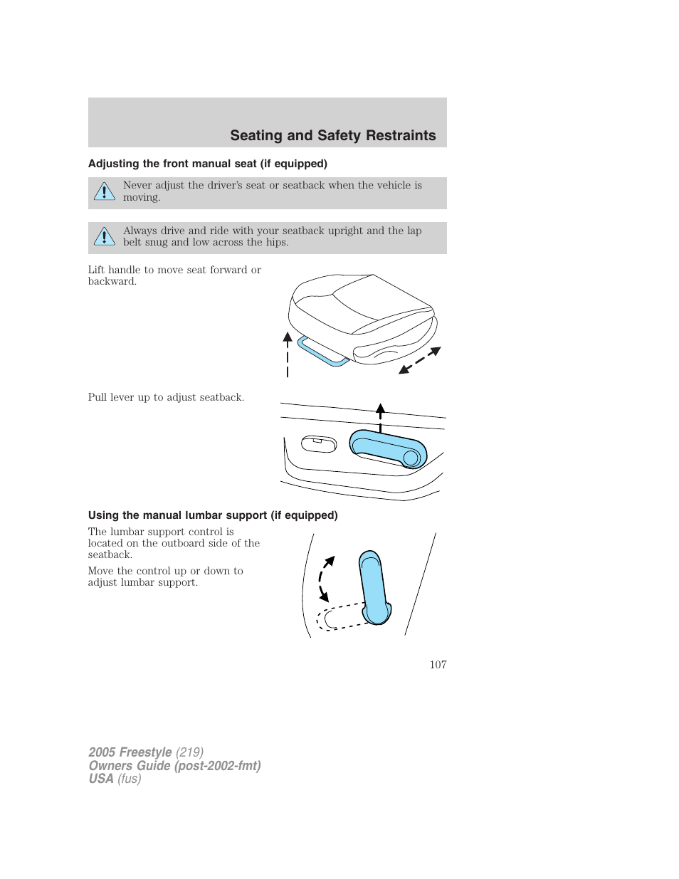 Adjusting the front manual seat (if equipped), Using the manual lumbar support (if equipped), Seating and safety restraints | FORD 2005 Freestyle v.3 User Manual | Page 107 / 288