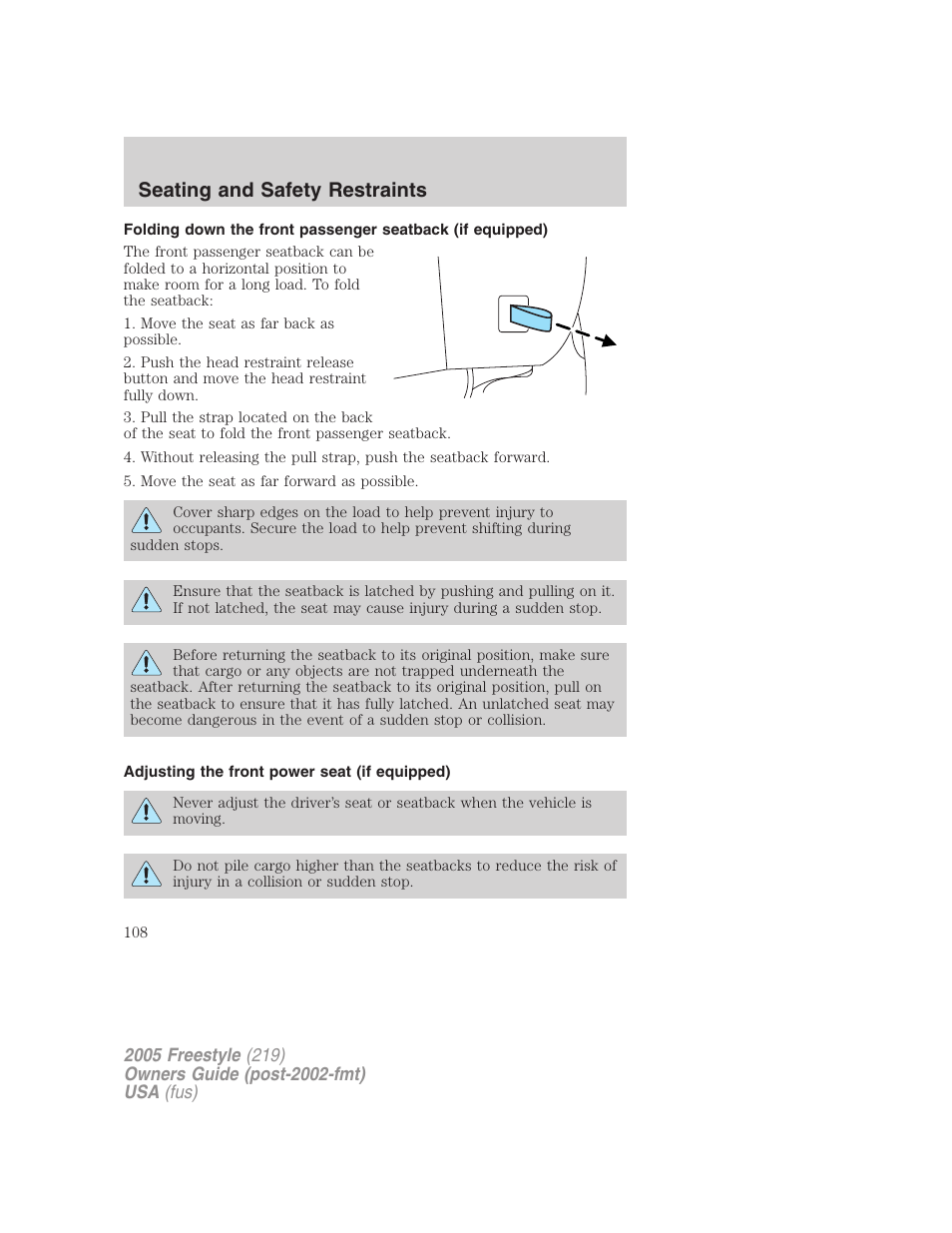 Adjusting the front power seat (if equipped), Seating and safety restraints | FORD 2005 Freestyle v.3 User Manual | Page 108 / 288