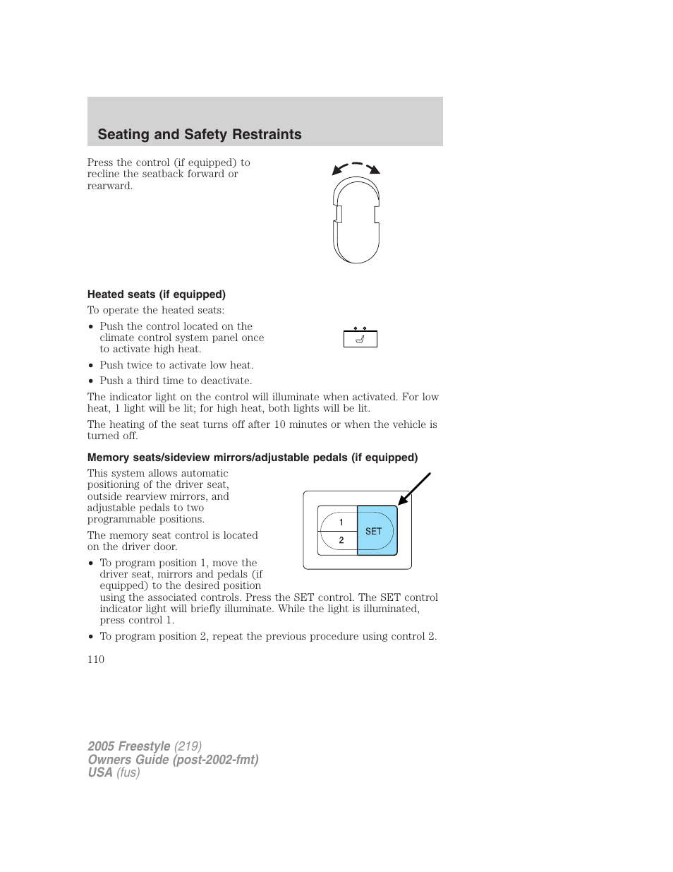 Heated seats (if equipped), Seating and safety restraints | FORD 2005 Freestyle v.3 User Manual | Page 110 / 288