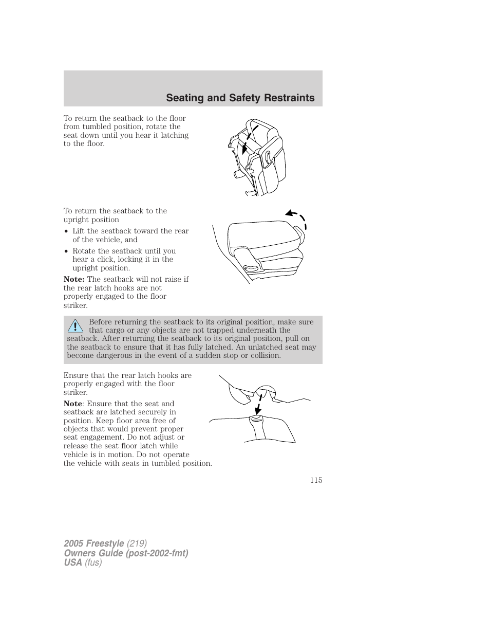 Seating and safety restraints | FORD 2005 Freestyle v.3 User Manual | Page 115 / 288