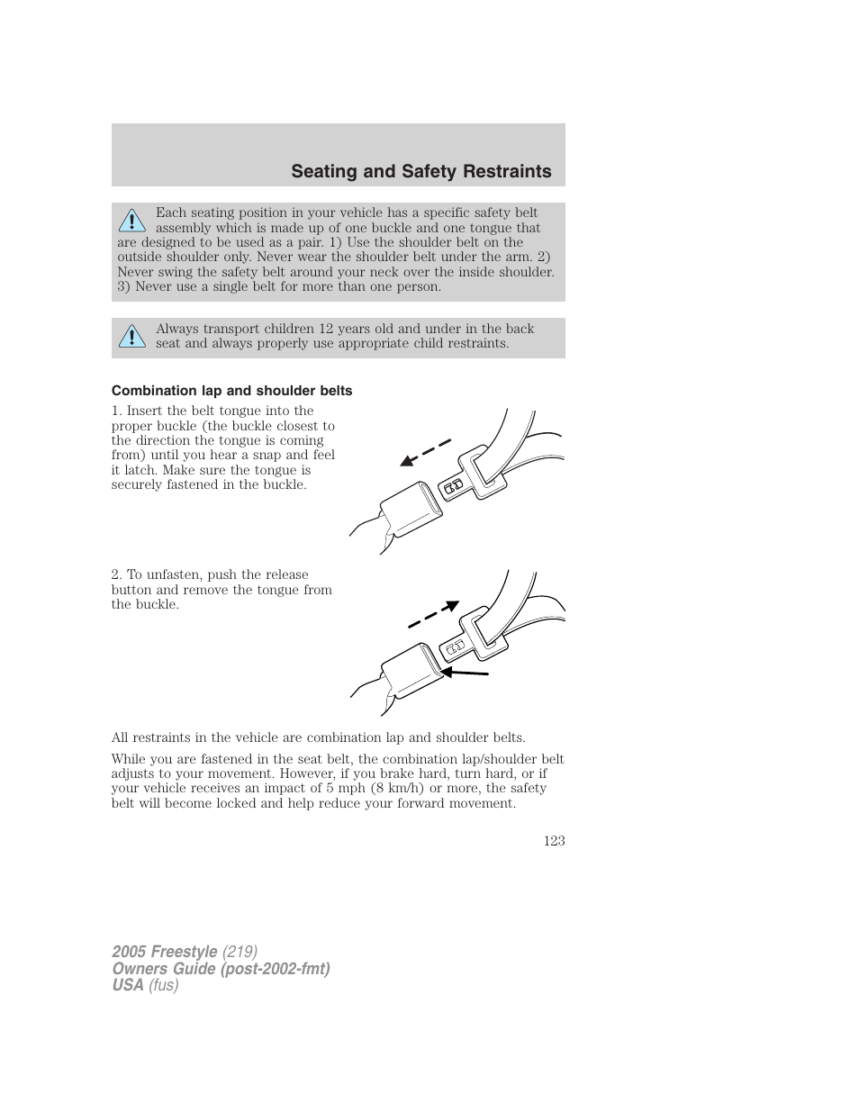 Combination lap and shoulder belts, Seating and safety restraints | FORD 2005 Freestyle v.3 User Manual | Page 123 / 288