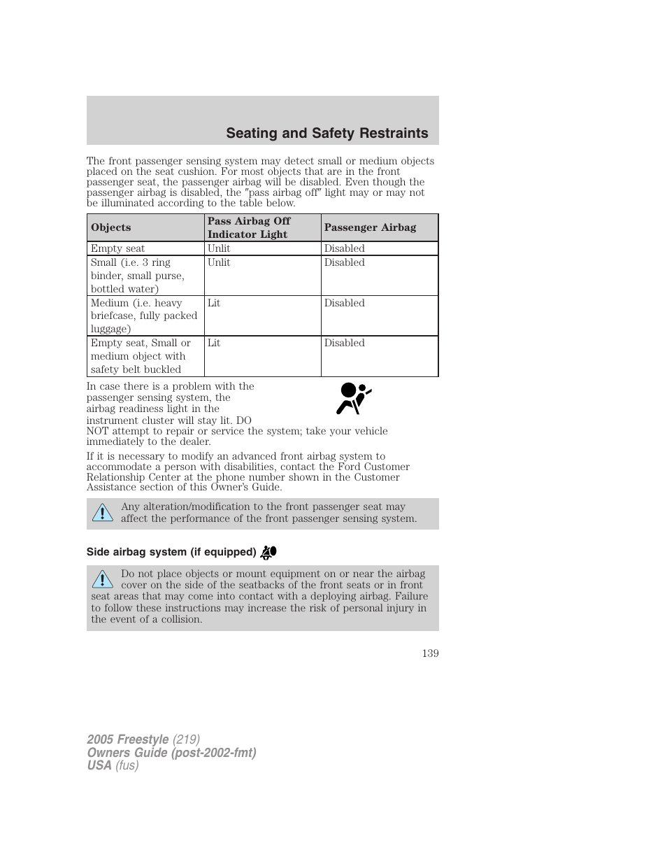 Side airbag system (if equipped), Seating and safety restraints | FORD 2005 Freestyle v.3 User Manual | Page 139 / 288