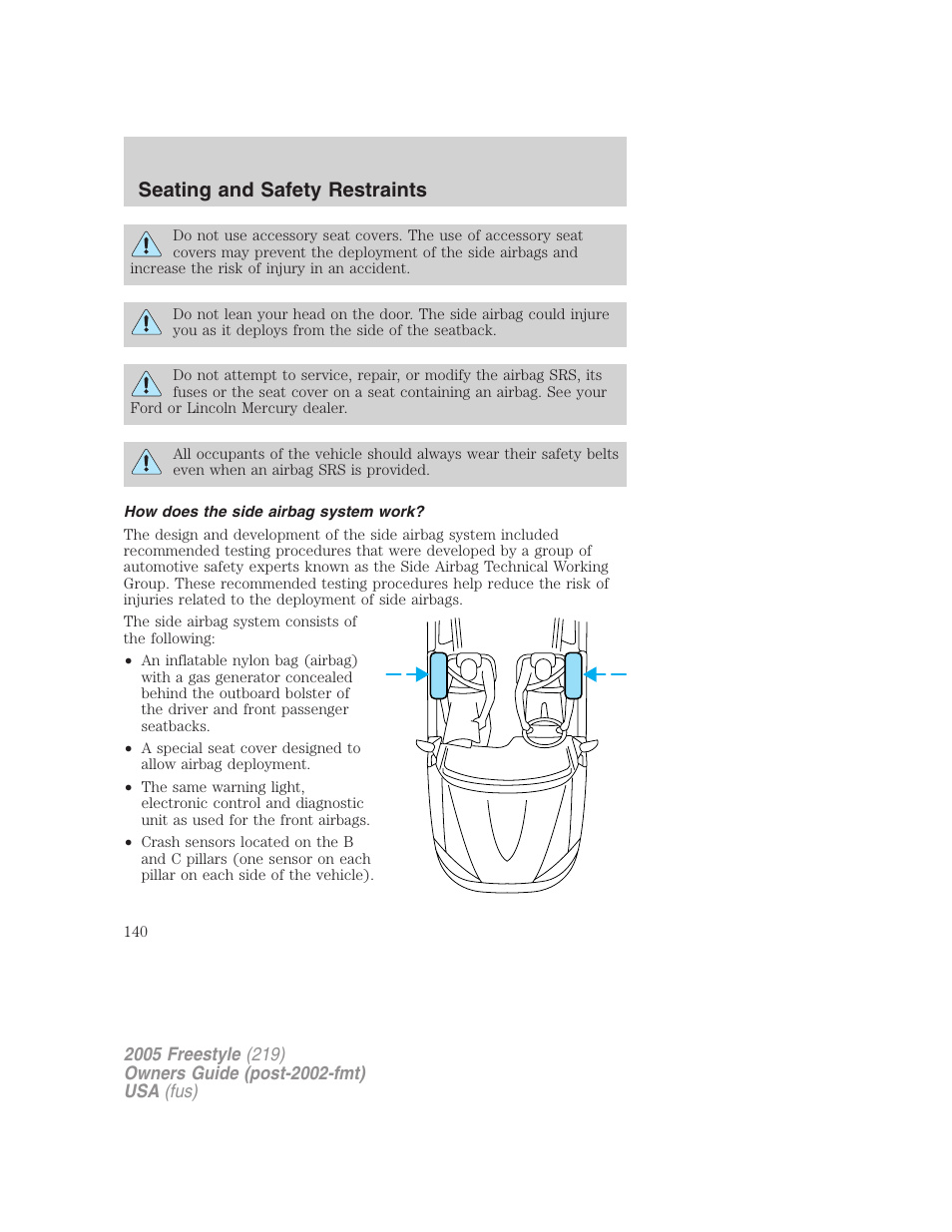How does the side airbag system work, Seating and safety restraints | FORD 2005 Freestyle v.3 User Manual | Page 140 / 288