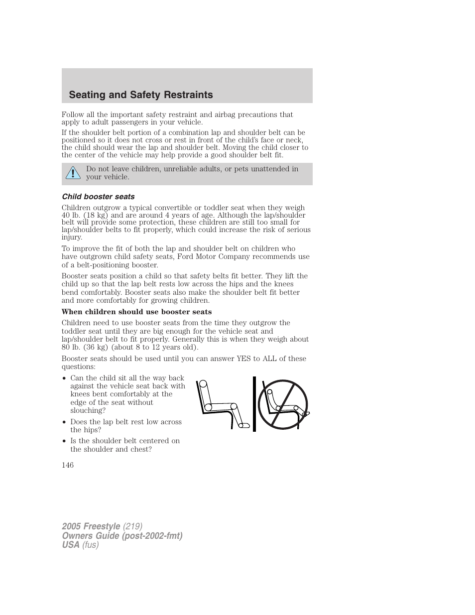 Child booster seats, Seating and safety restraints | FORD 2005 Freestyle v.3 User Manual | Page 146 / 288