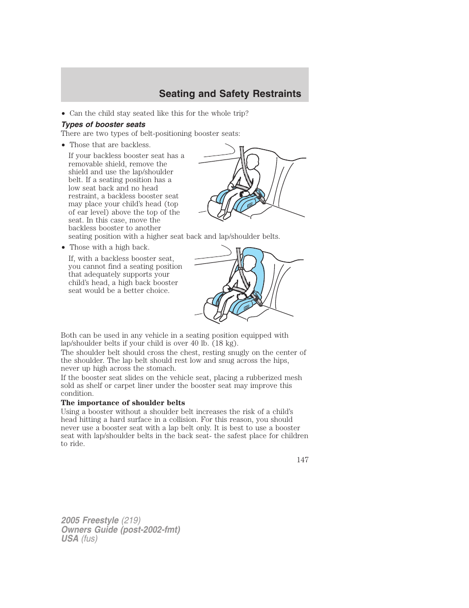 Types of booster seats, Seating and safety restraints | FORD 2005 Freestyle v.3 User Manual | Page 147 / 288