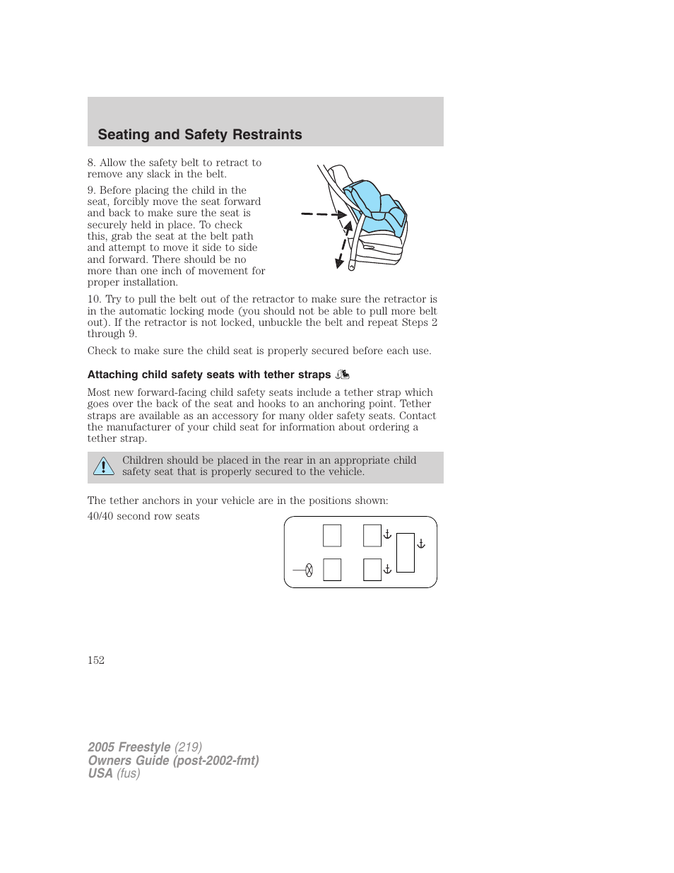 Attaching child safety seats with tether straps, Seating and safety restraints | FORD 2005 Freestyle v.3 User Manual | Page 152 / 288