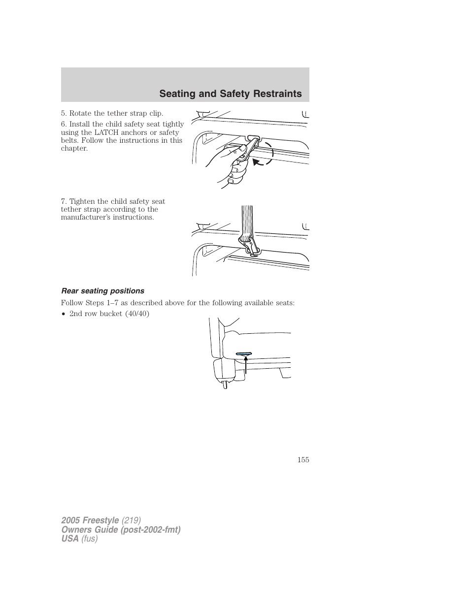 Rear seating positions, Seating and safety restraints | FORD 2005 Freestyle v.3 User Manual | Page 155 / 288