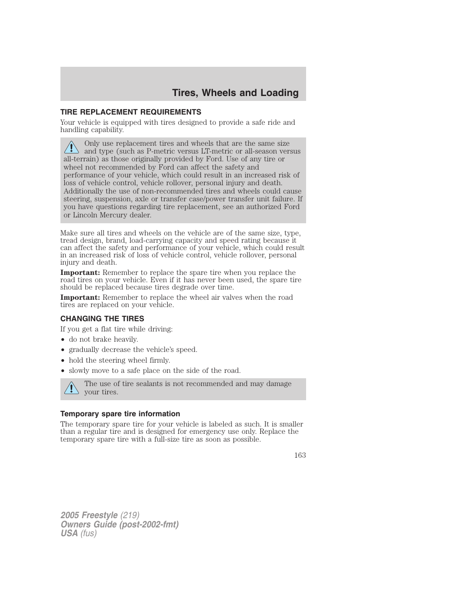 Tire replacement requirements, Changing the tires, Temporary spare tire information | Changing tires, Tires, wheels and loading | FORD 2005 Freestyle v.3 User Manual | Page 163 / 288