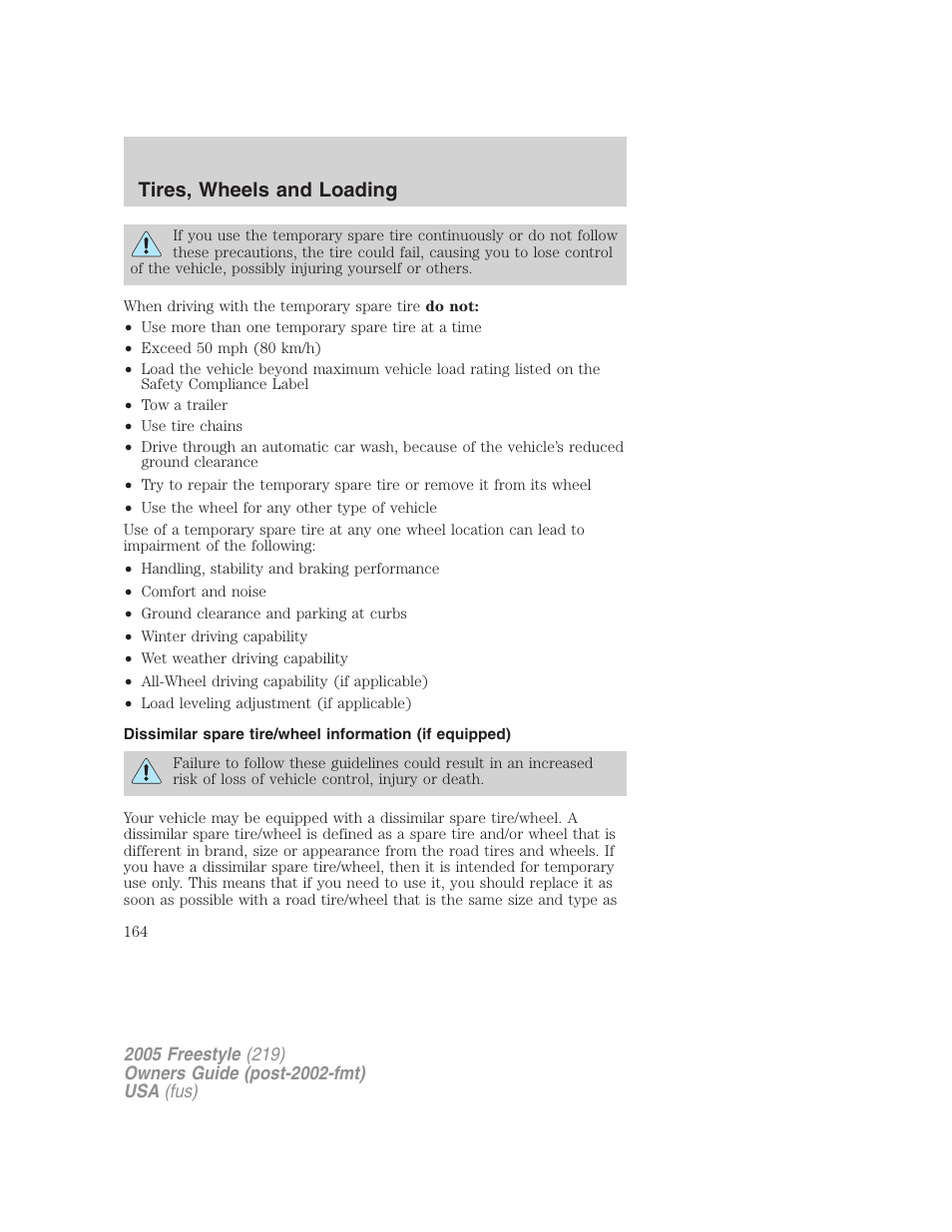 Tires, wheels and loading | FORD 2005 Freestyle v.3 User Manual | Page 164 / 288