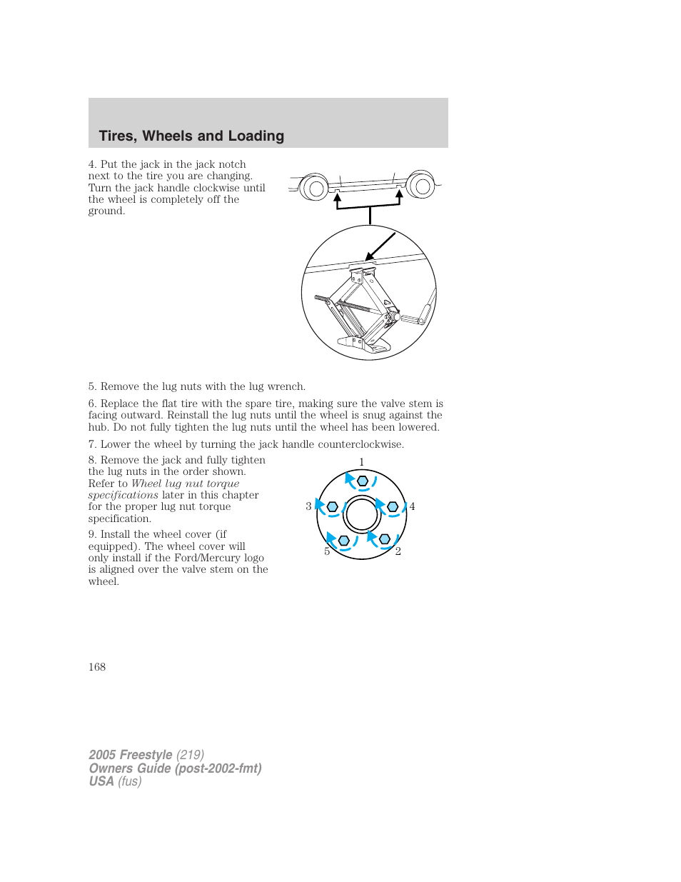 Tires, wheels and loading | FORD 2005 Freestyle v.3 User Manual | Page 168 / 288