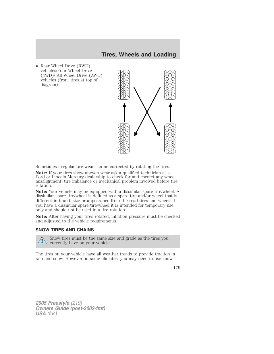 Snow tires and chains, Tires, wheels and loading | FORD 2005 Freestyle v.3 User Manual | Page 179 / 288