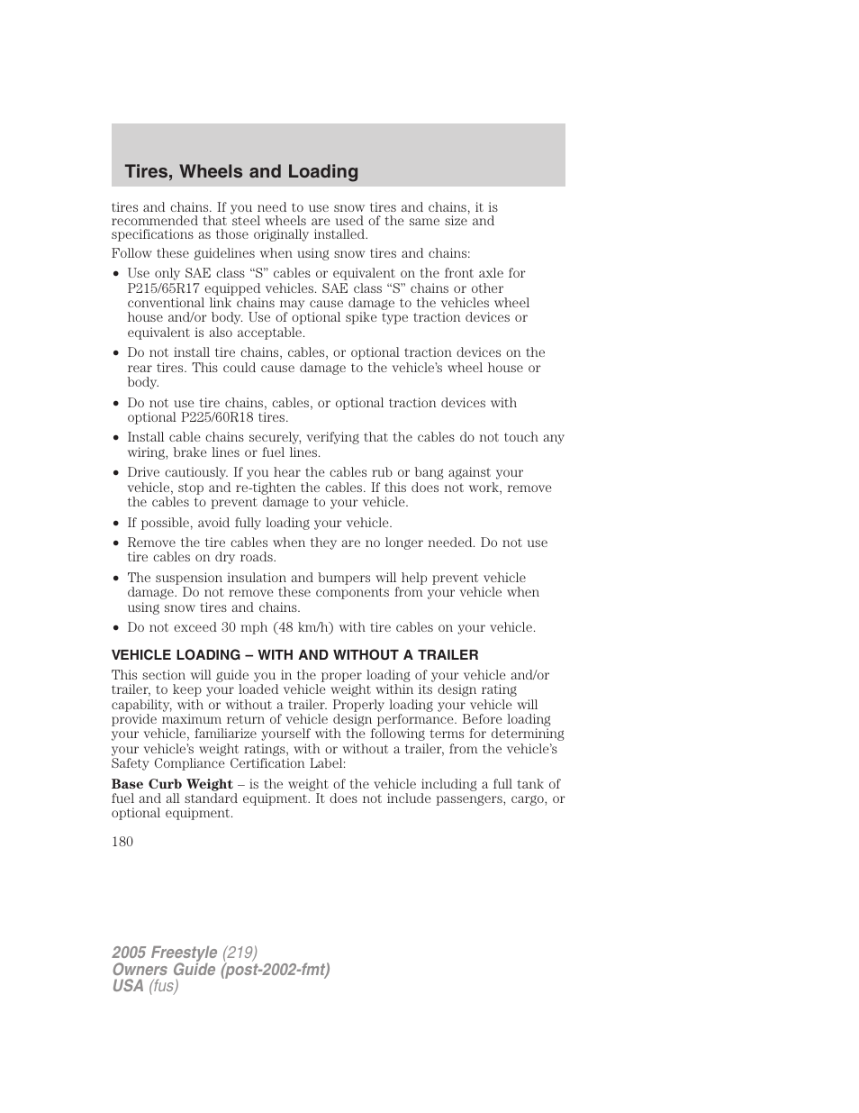 Vehicle loading – with and without a trailer, Vehicle loading, Tires, wheels and loading | FORD 2005 Freestyle v.3 User Manual | Page 180 / 288