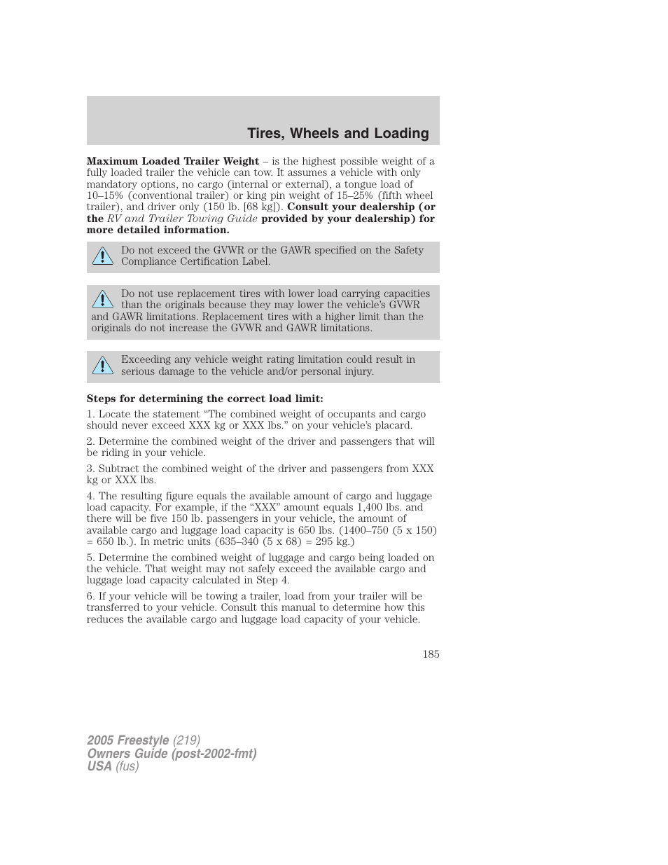 Tires, wheels and loading | FORD 2005 Freestyle v.3 User Manual | Page 185 / 288