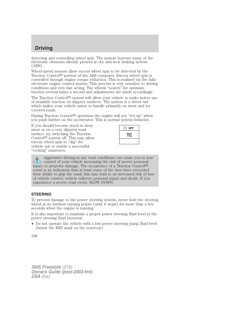 Steering, Driving | FORD 2005 Freestyle v.3 User Manual | Page 196 / 288