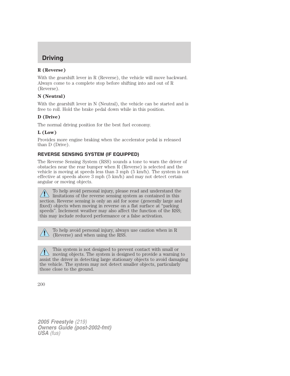 Reverse sensing system (if equipped), Driving | FORD 2005 Freestyle v.3 User Manual | Page 200 / 288