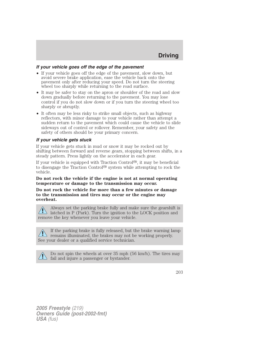 If your vehicle goes off the edge of the pavement, If your vehicle gets stuck, Driving | FORD 2005 Freestyle v.3 User Manual | Page 203 / 288