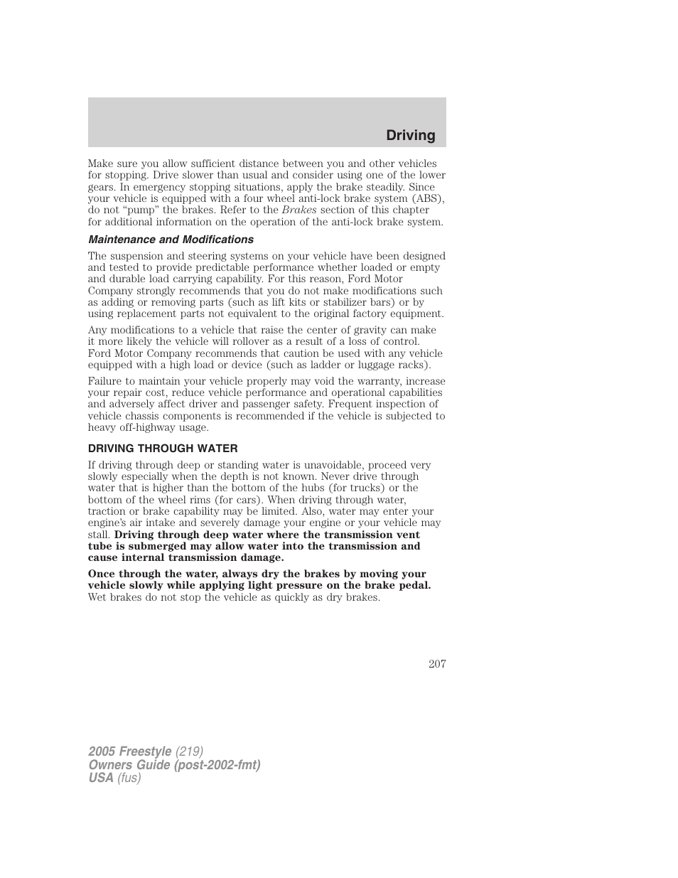 Maintenance and modifications, Driving through water, Driving | FORD 2005 Freestyle v.3 User Manual | Page 207 / 288