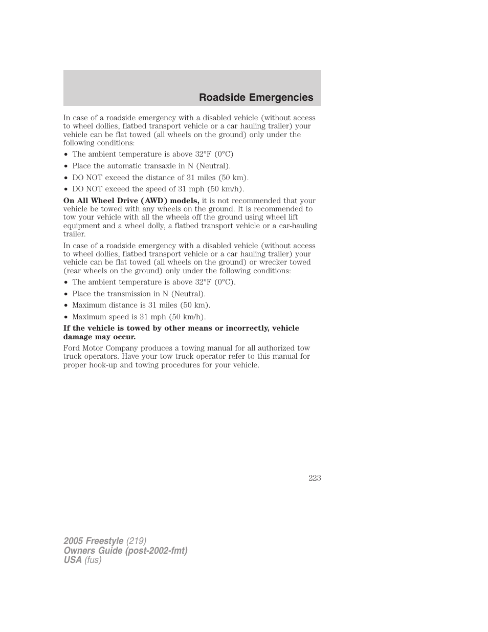 Roadside emergencies | FORD 2005 Freestyle v.3 User Manual | Page 223 / 288