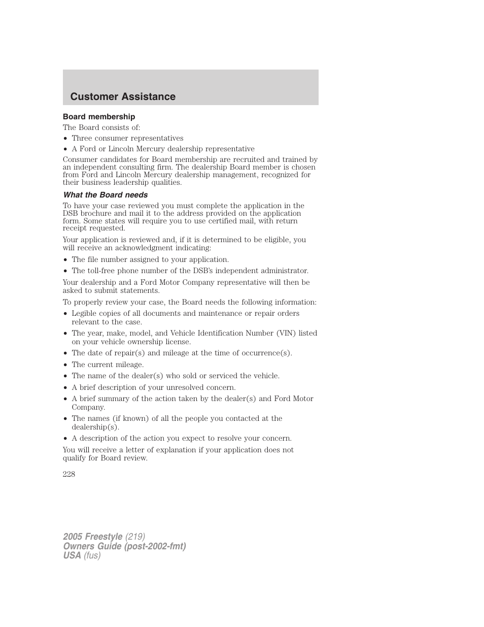 Board membership, What the board needs, Customer assistance | FORD 2005 Freestyle v.3 User Manual | Page 228 / 288