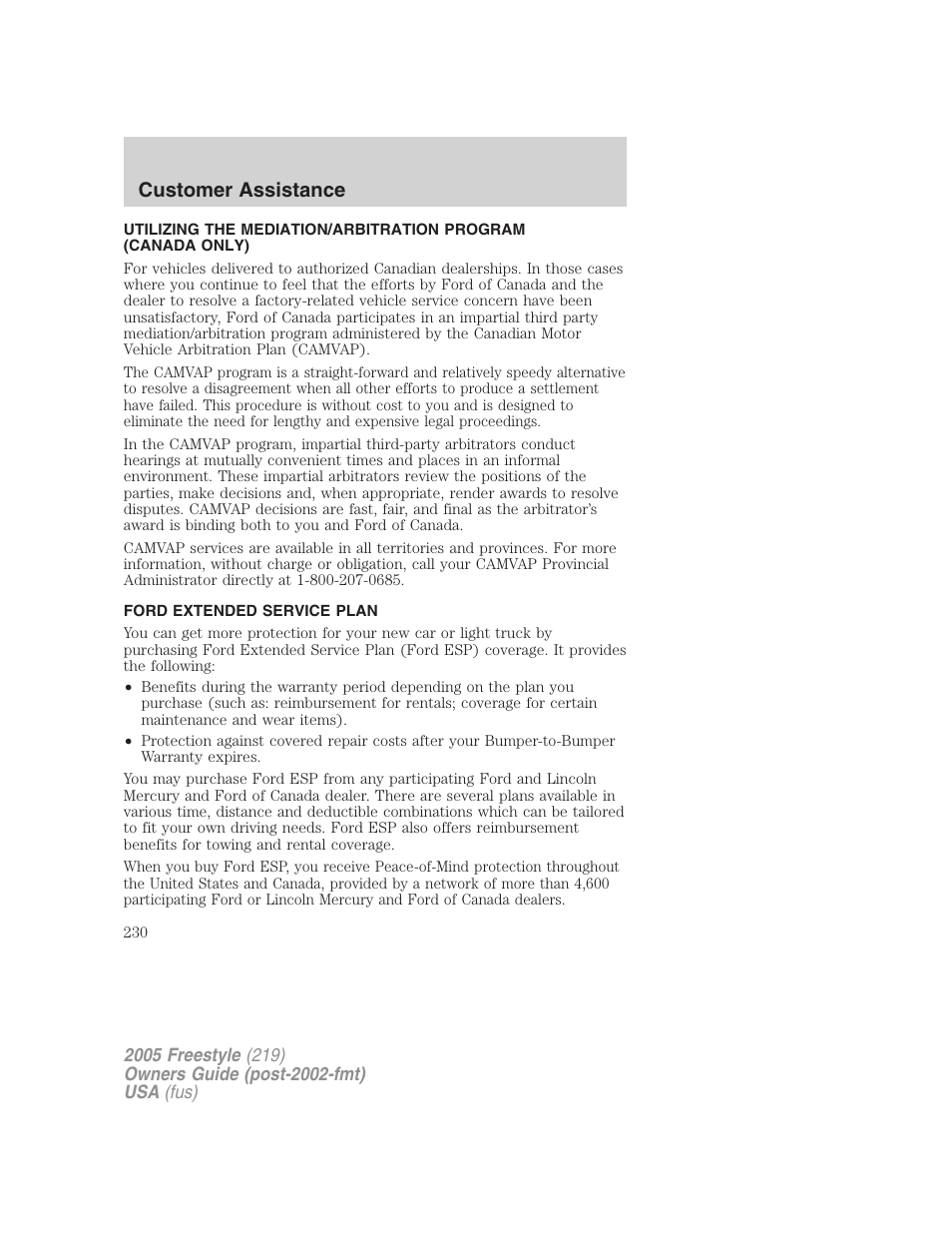 Ford extended service plan, Customer assistance | FORD 2005 Freestyle v.3 User Manual | Page 230 / 288