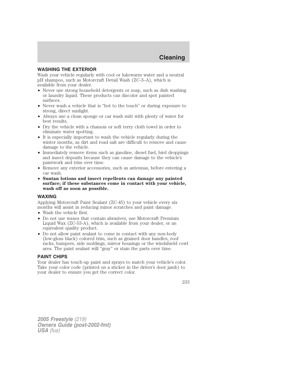 Cleaning, Washing the exterior, Waxing | Paint chips | FORD 2005 Freestyle v.3 User Manual | Page 233 / 288
